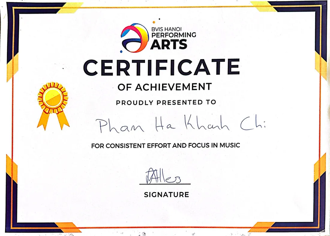 BVIS Performing Arts Certificate of Achievement for music