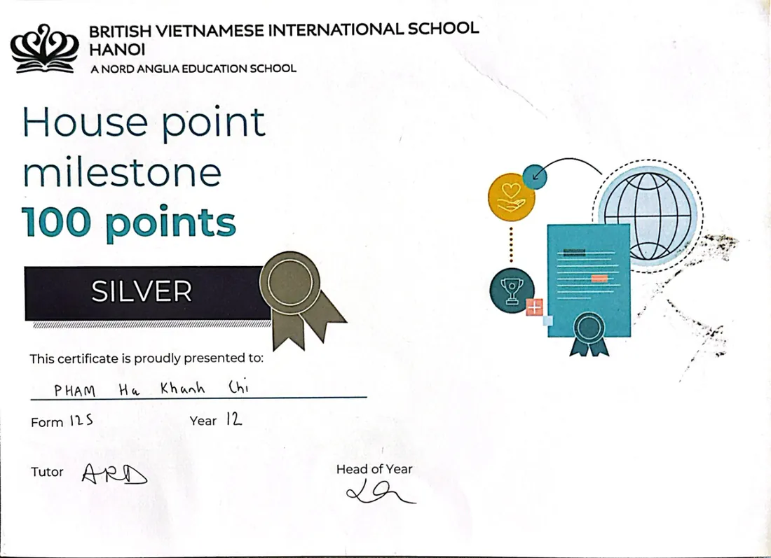 BVIS house point milestone certificate, Silver, 100 points
