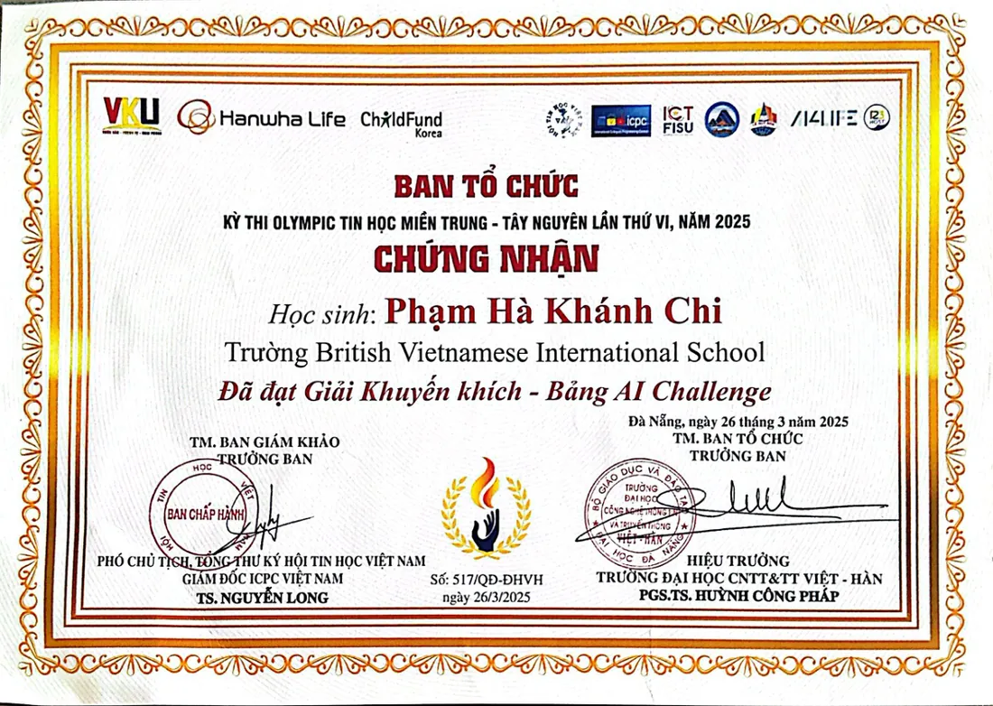 Central Vietnam and Central Highlands Olympiad 2025 certificate, AI Challenge consolation prize