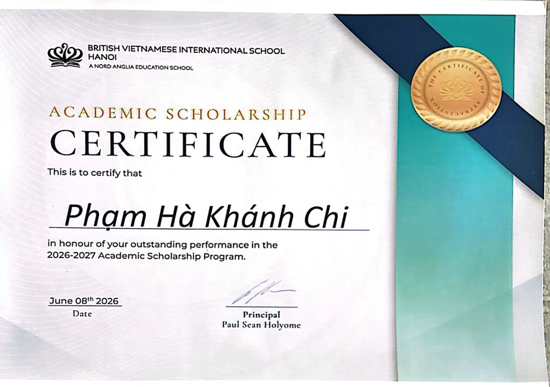 Academic Scholarship certificate, BVIS Hanoi, June 2026