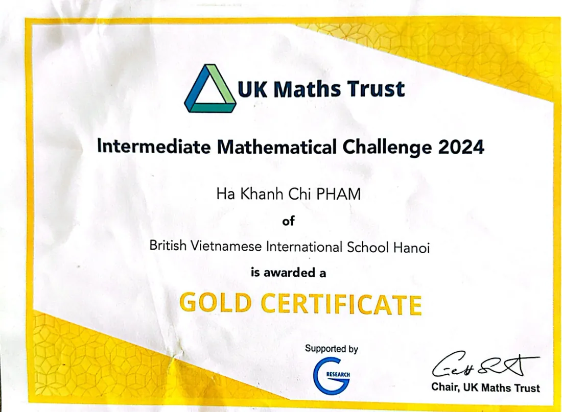 UKMT Intermediate Mathematical Challenge 2024 Gold certificate