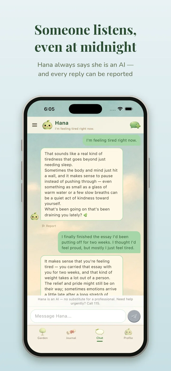 Chat with Hana, the AI companion, which always says it is an AI and lets every reply be reported