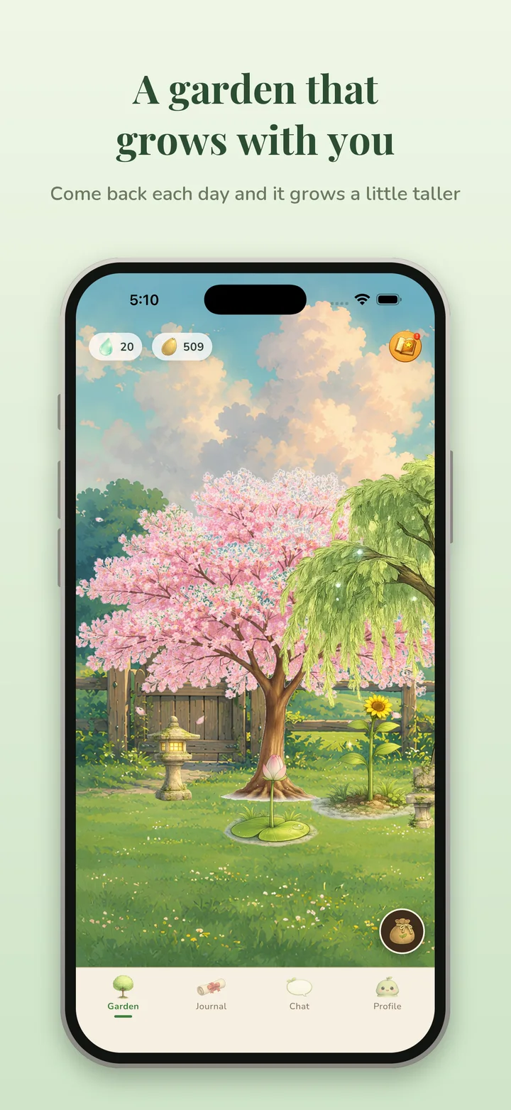 Illustrated garden with a cherry blossom tree that grows as the user returns each day