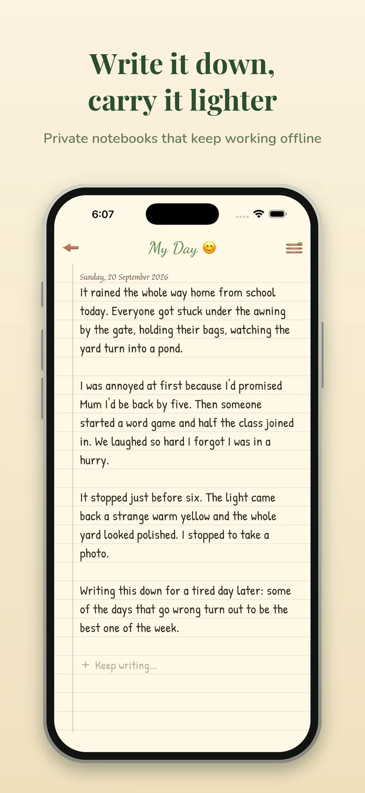 Journal screen with a handwritten-style diary entry
